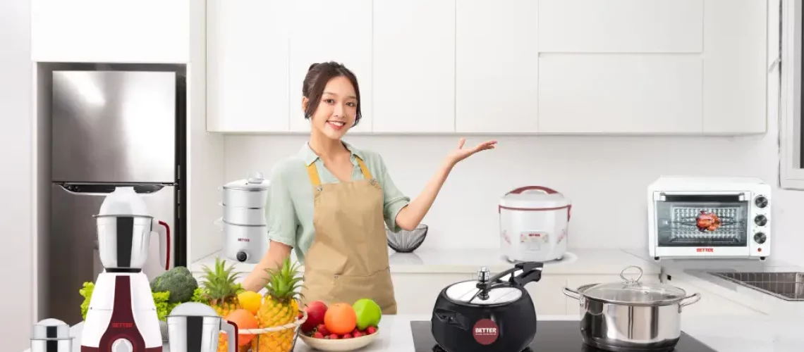 woman with different cooking appliances in the kitchen